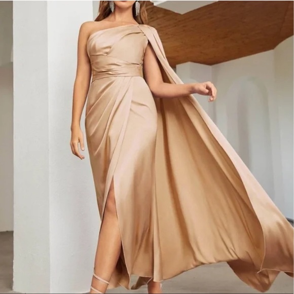 Luxe Pink One shoulder party formal evening Prom Satin Wedding dress - Picture 13 of 16
